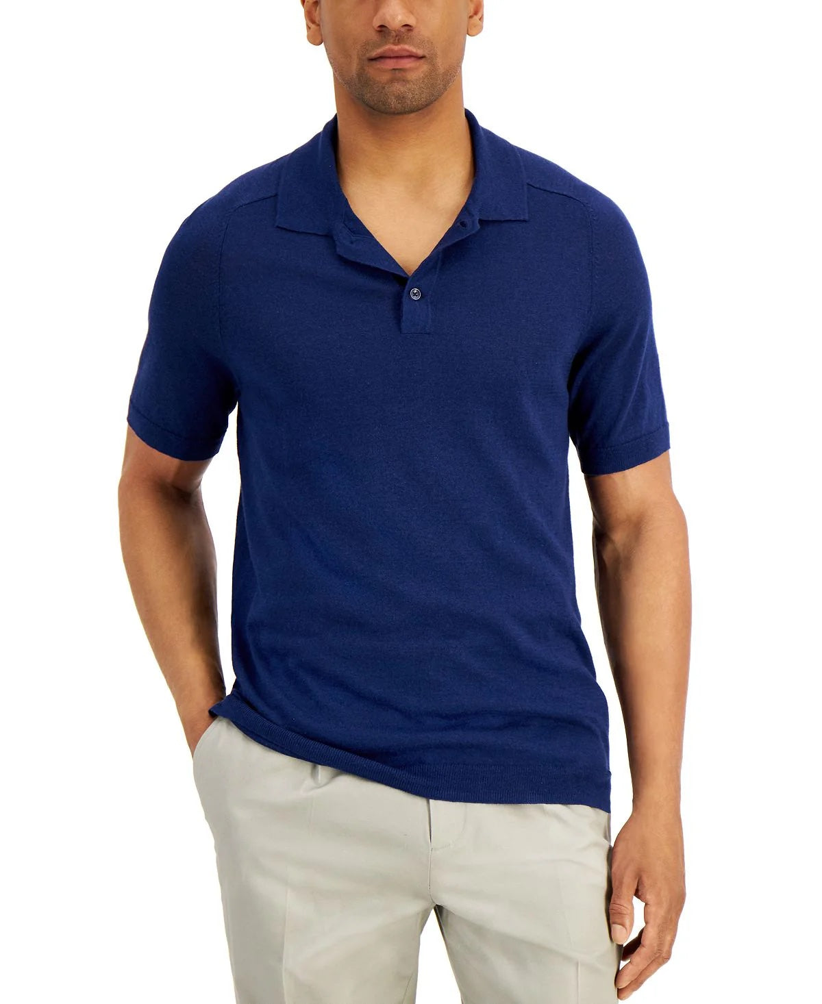 Tasso Elba Mens Sweater Knit Linen Polo Shirt Navy Blue Combo Small