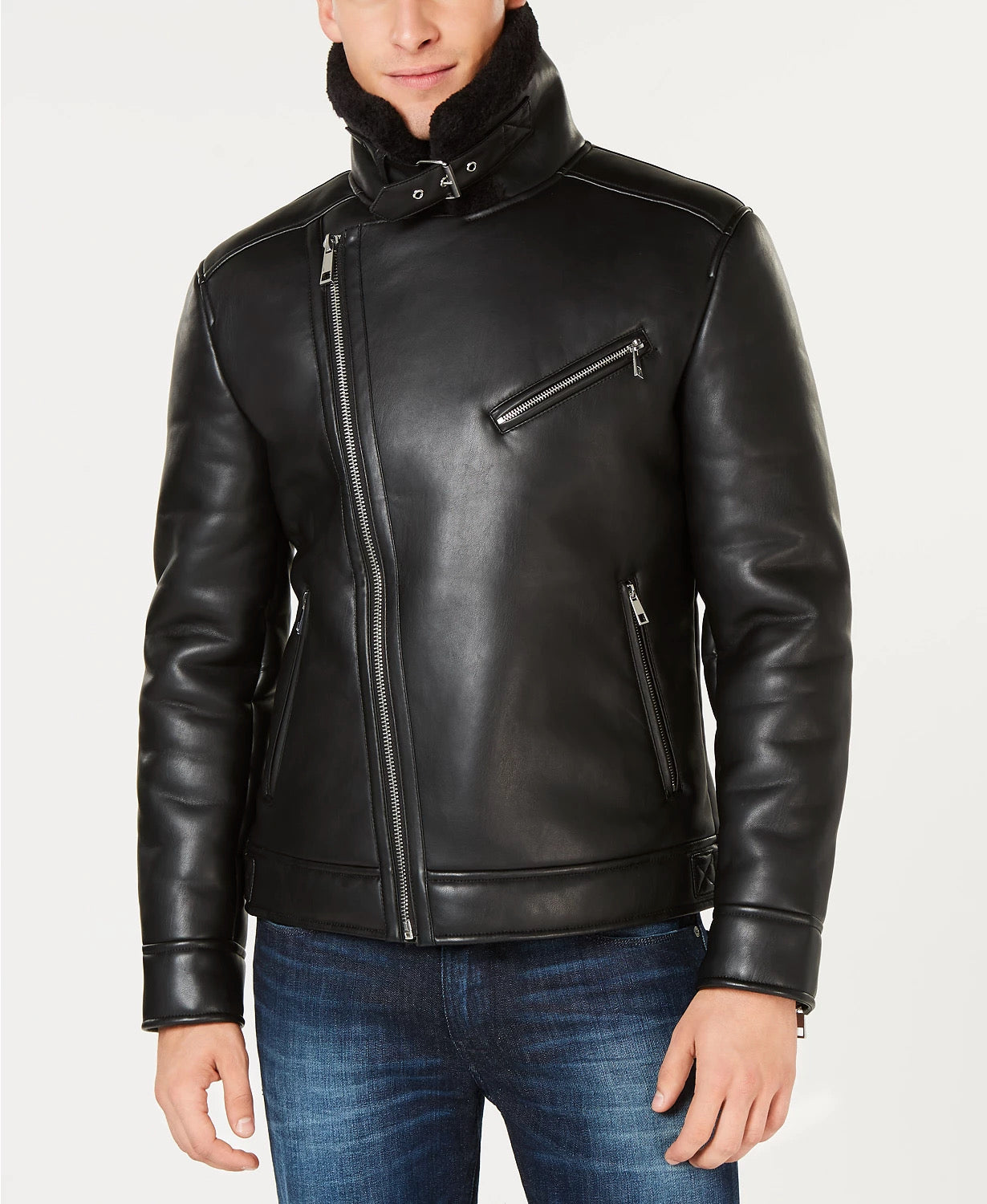 GUESS Mens Asymmetrical Faux Leather Jacket Black Medium