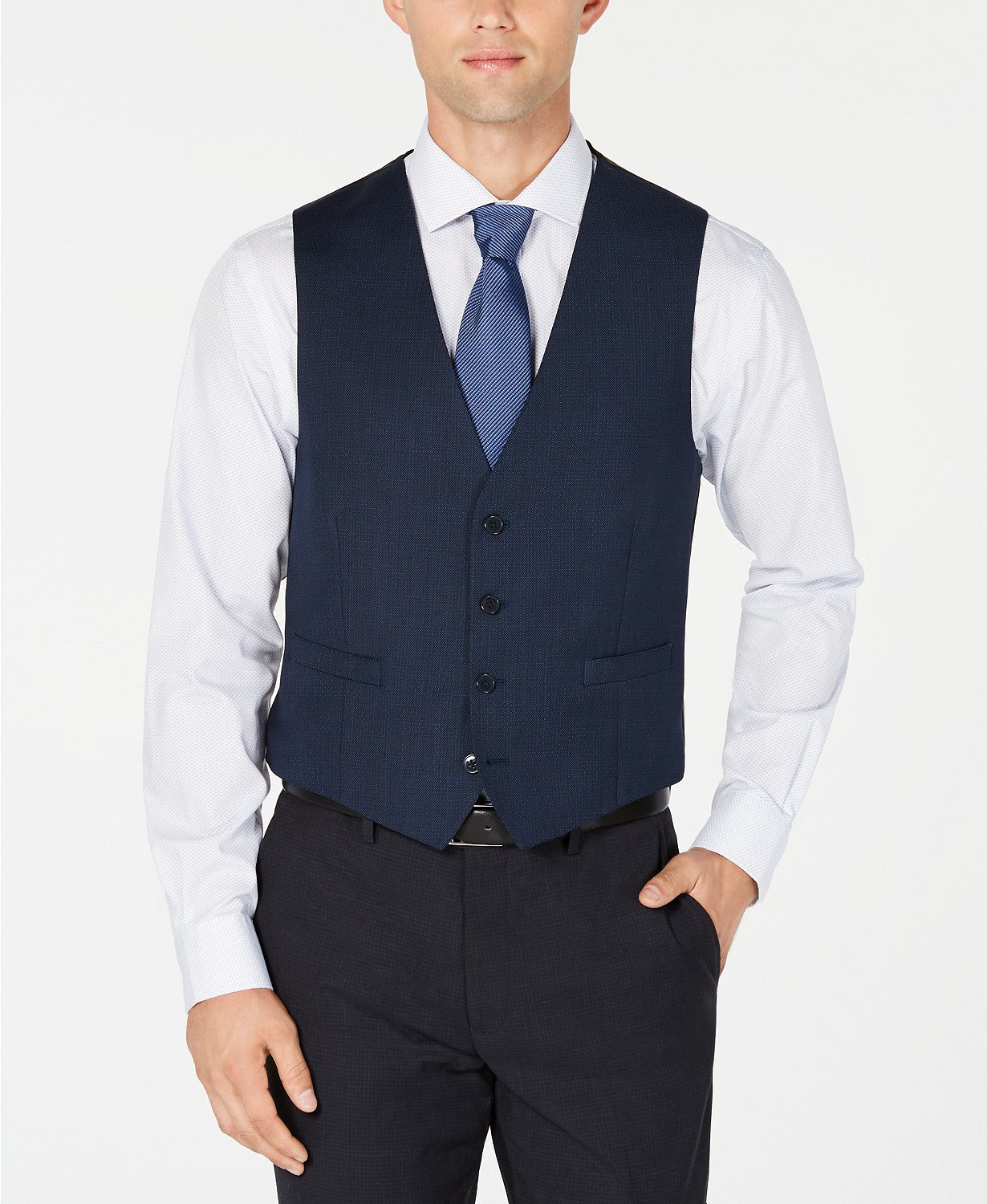 Calvin Klein Men's Slim-Fit Stretch Blue Charcoal Birdseye Suit Vest XL