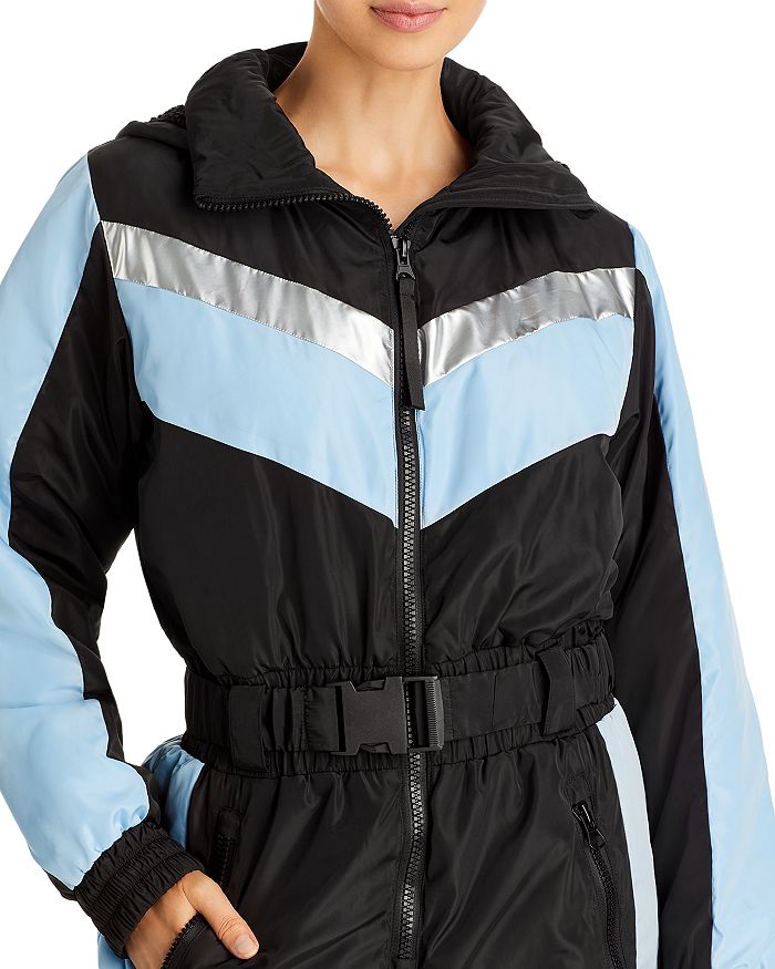Aqua Womens Colorblocked Hooded Zip Ski Suit Large Blue Black