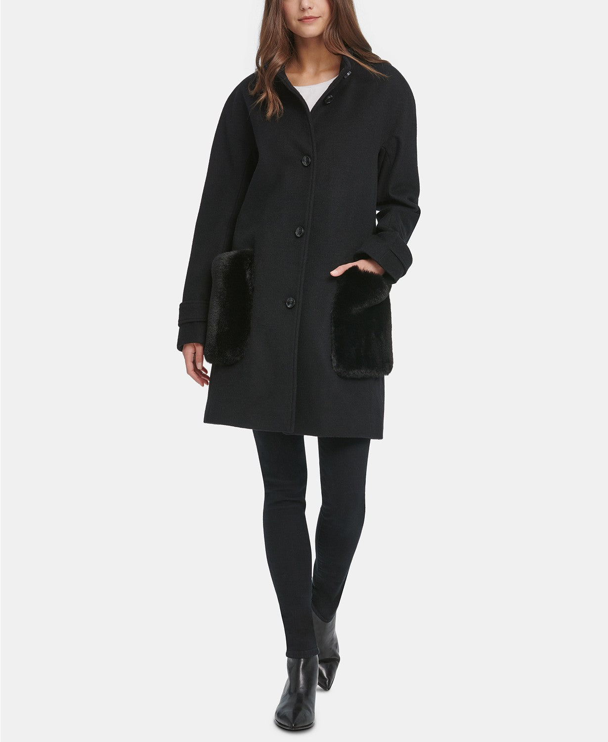 DKNY Womens Faux-Fur-Pocket Walker Coat XXL Black Wool