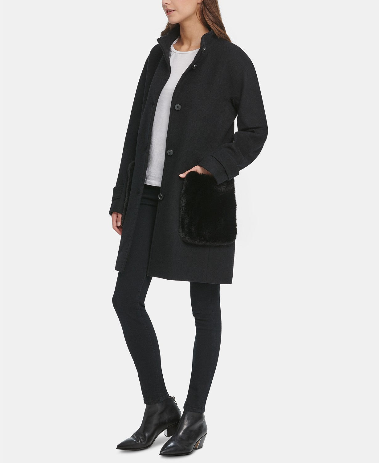 DKNY Womens Faux-Fur-Pocket Walker Coat XXL Black Wool