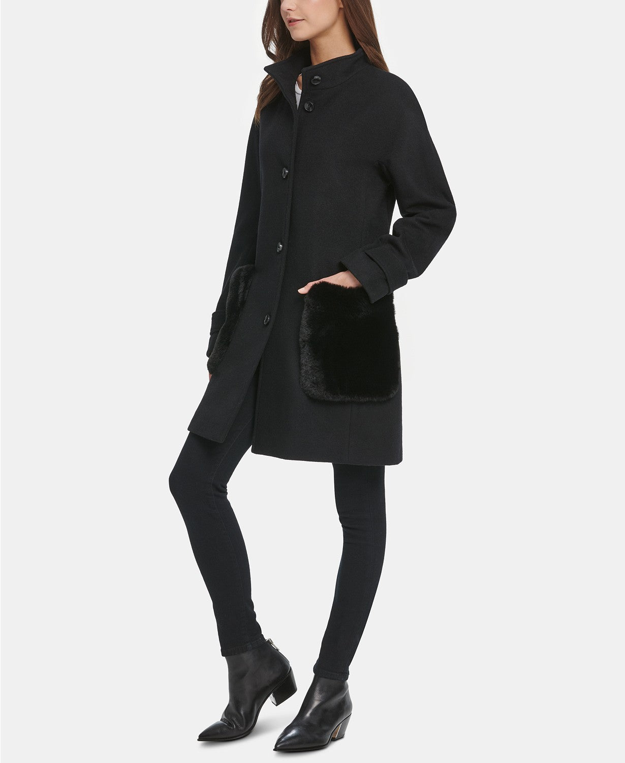 DKNY Womens Faux-Fur-Pocket Walker Coat Large Black Wool