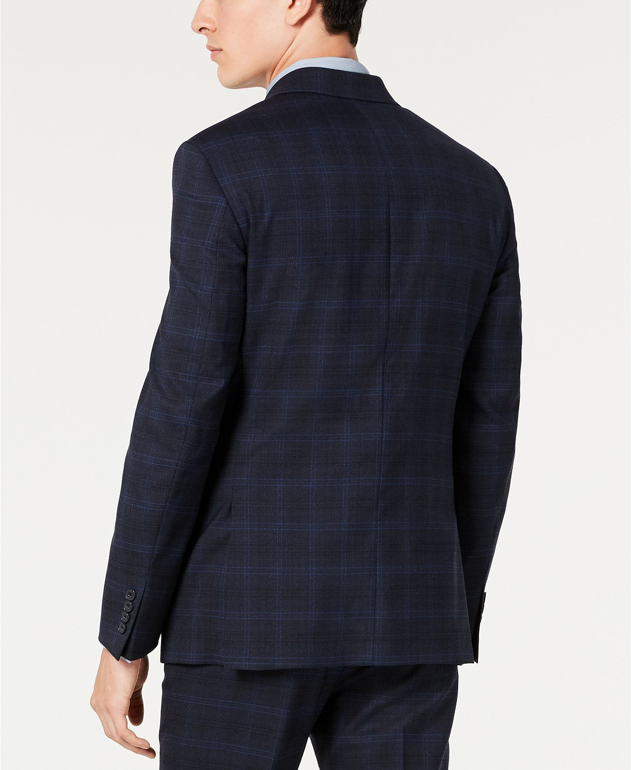 Calvin Klein Men's Navy Plaid Suit Jacket 38L Slim-Fit Stretch