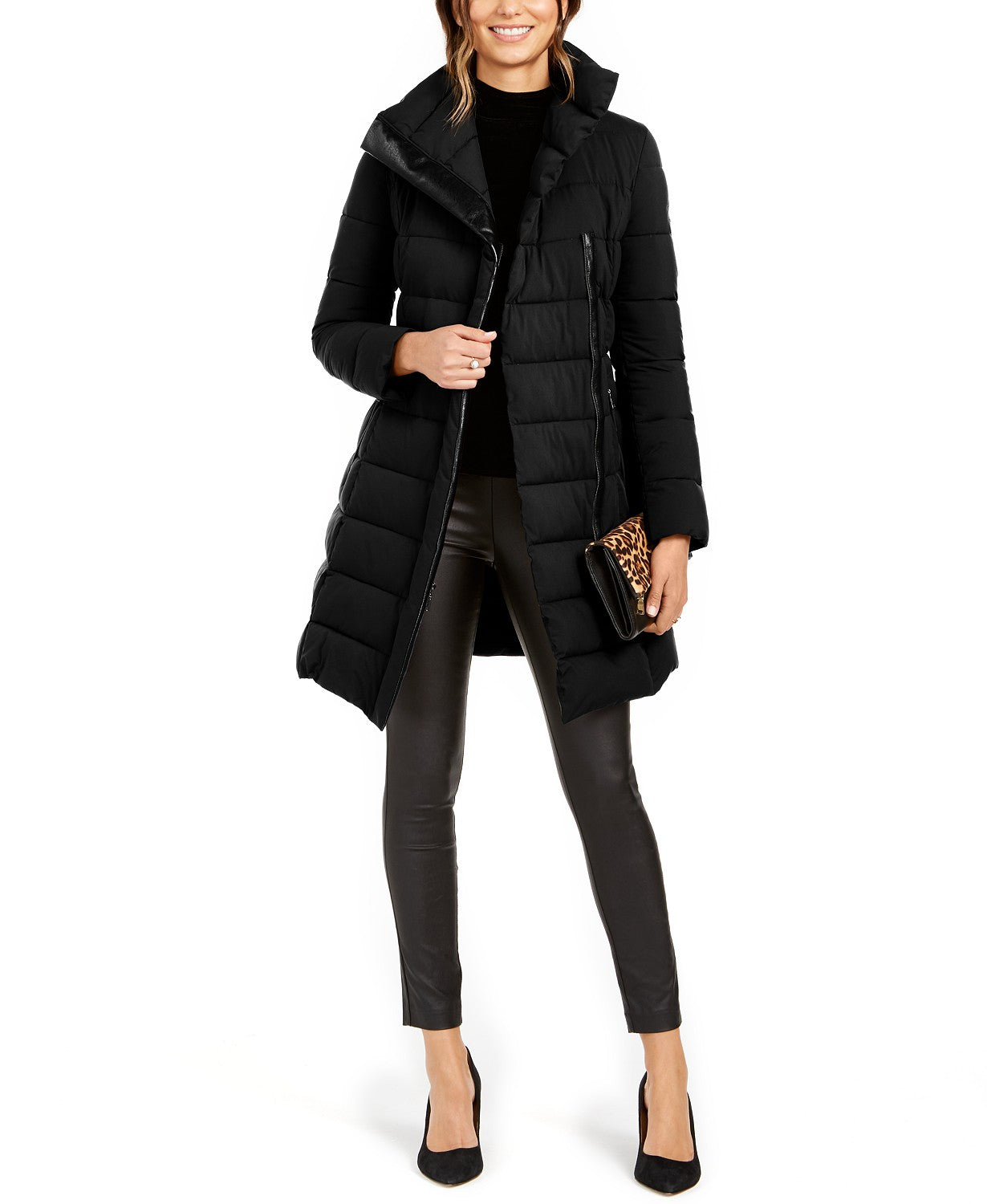 Tahari Women's Belted Asymmetrical Quilted Coat, Black, M