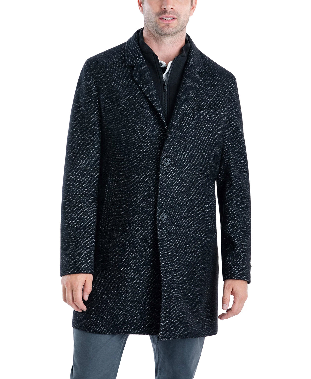 Michael Kors Men's Pike Slim Fit Top Coat 42L Black / White Overcoat