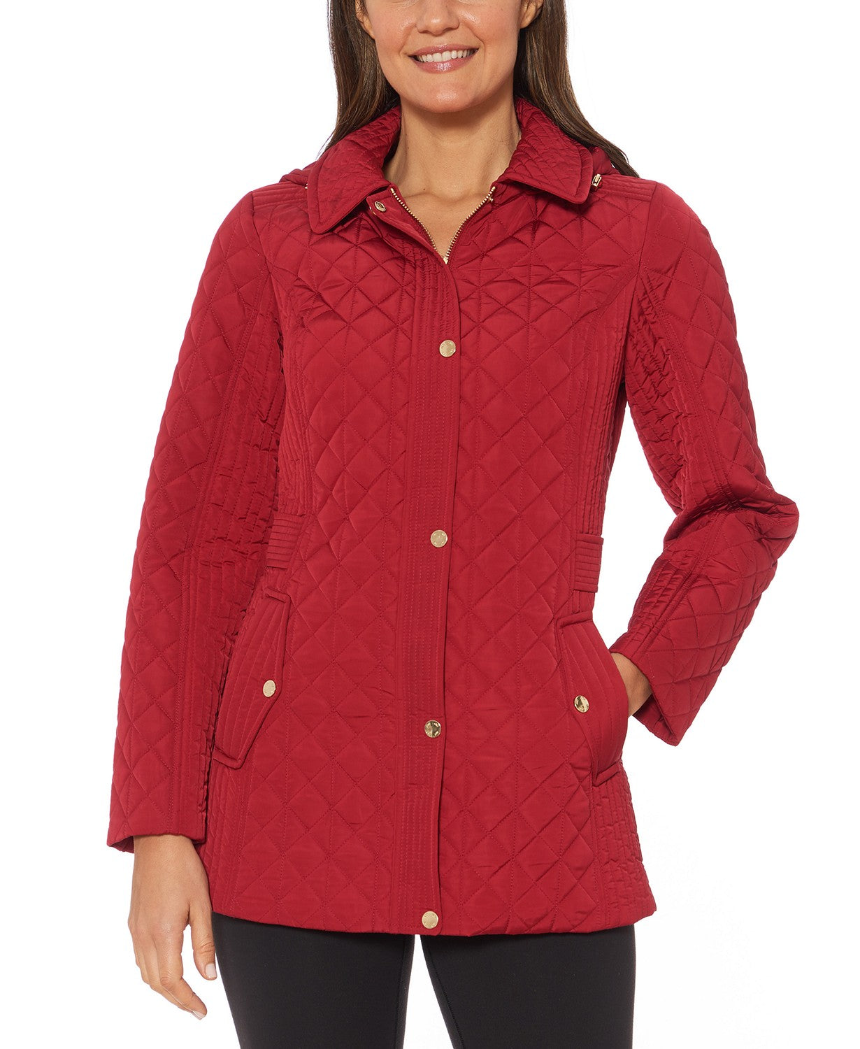 Jones New York Womens Hooded Quilted Jacket XS Solid Red