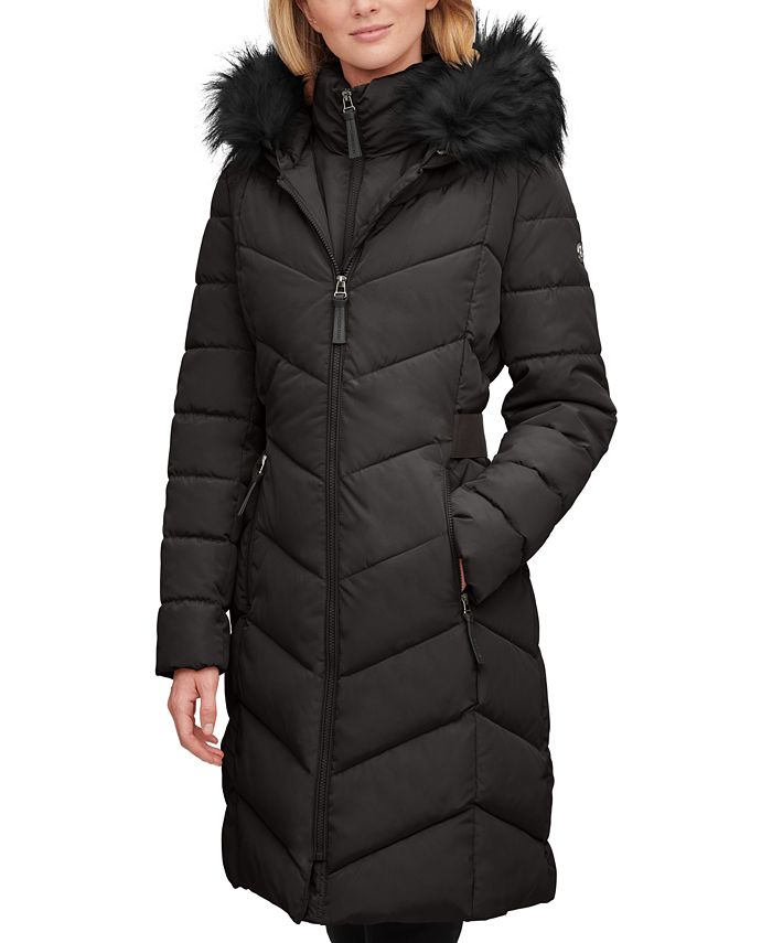 CALVIN KLEIN Womens Faux-Fur-Trim Hooded Puffer Coat Large Black