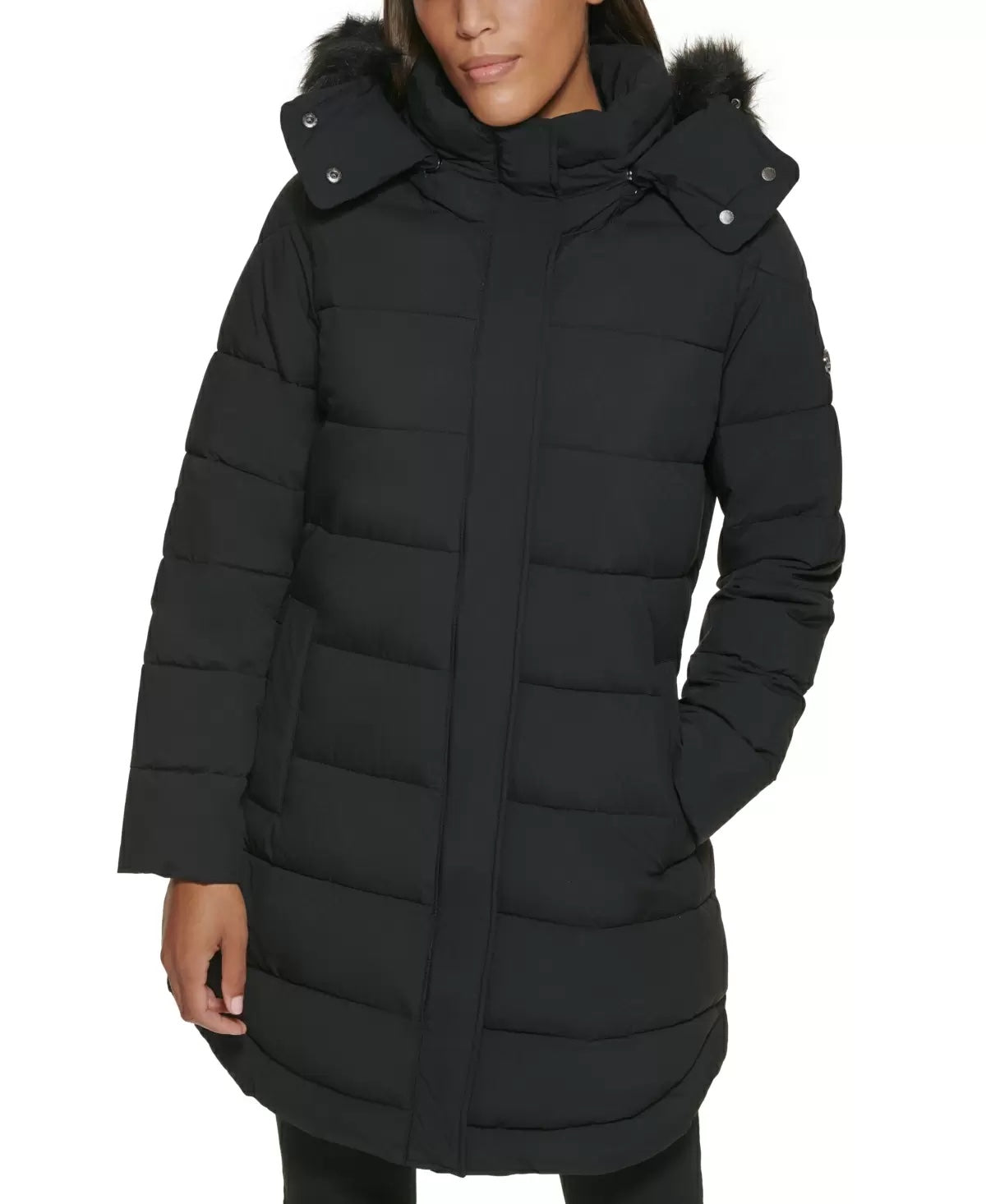 CALVIN KLEIN Women's Faux-Fur-Trim Hooded Puffer Coat Black Small