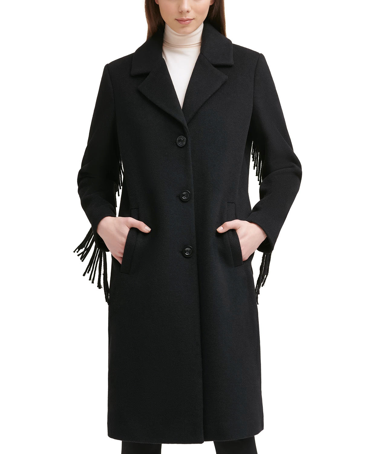 Kenneth Cole Womens Single-Breasted Fringe Plus 2X Walker Coat Black