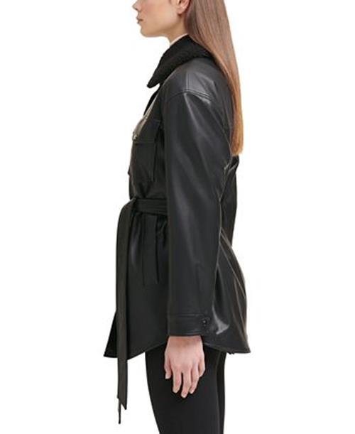 Kenneth Cole Womens Belted Faux-Leather & Faux-Fur-Trim Jacket XXL Black NO BELT
