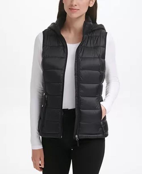 CHARTER CLUB Women's Packable Hooded Down Puffer Vest Large Black