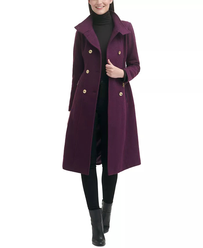 Guess Double-Breasted Walker Coat Large Eggplant Women's Wool
