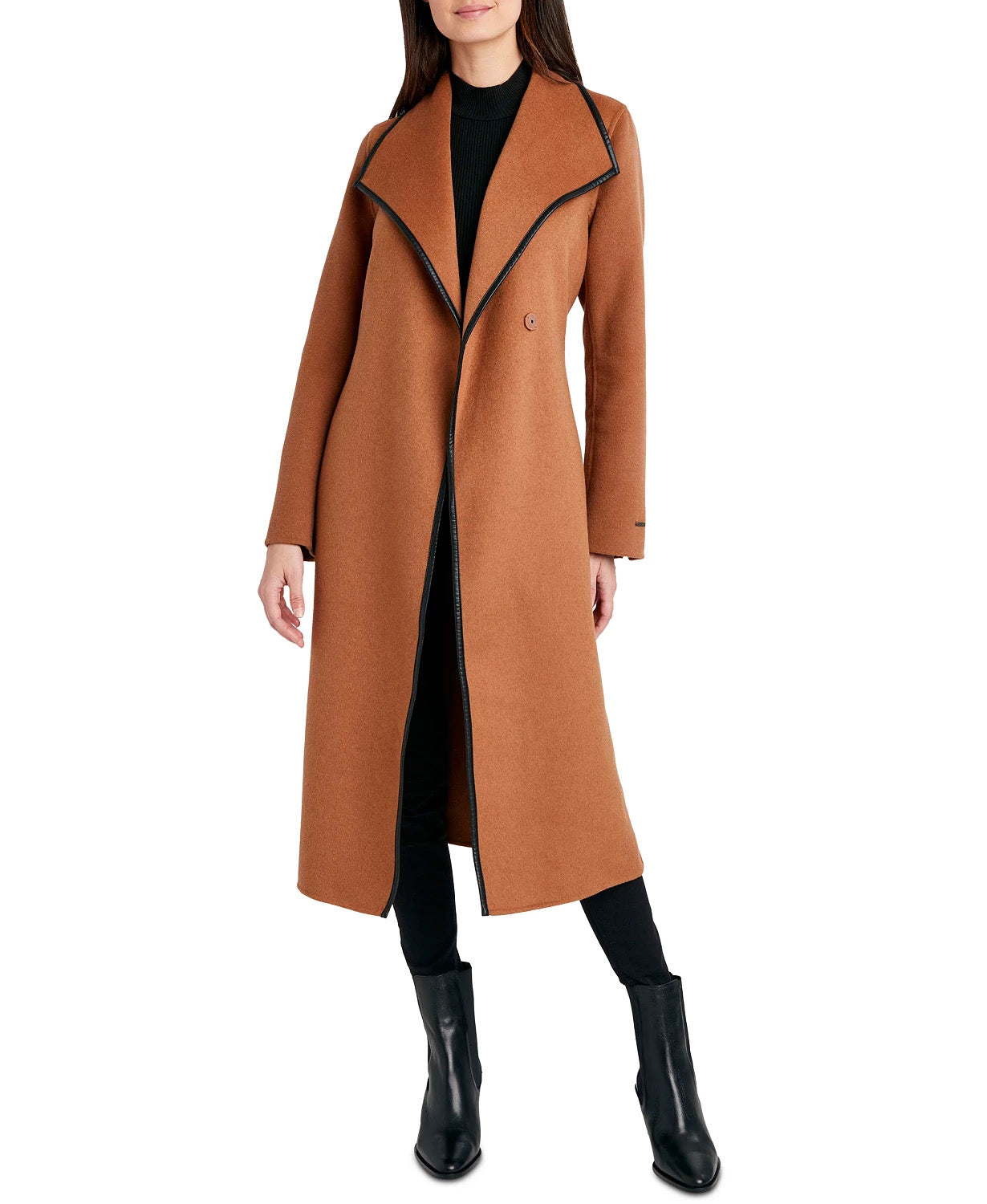 Tahari Womens Faux-Leather-Trim Belted Wrap Coat XL Caramel Brown