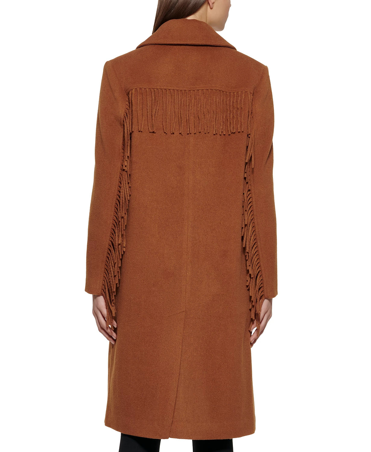Kenneth Cole Women's Single-Breasted Fringe Walker Coat XS Brown Wool