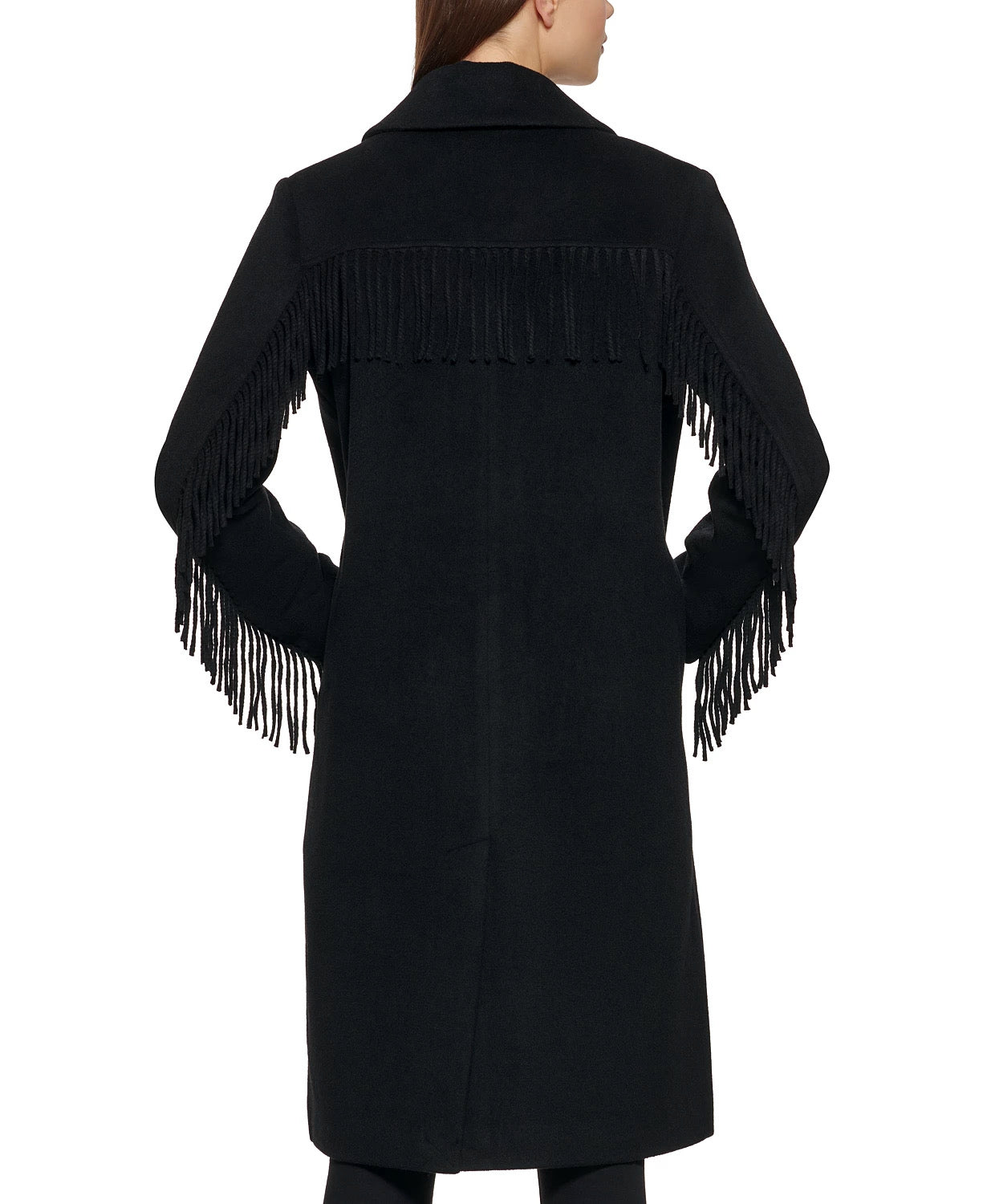 Kenneth Cole Womens Single-Breasted Fringe Walker Coat Black XL