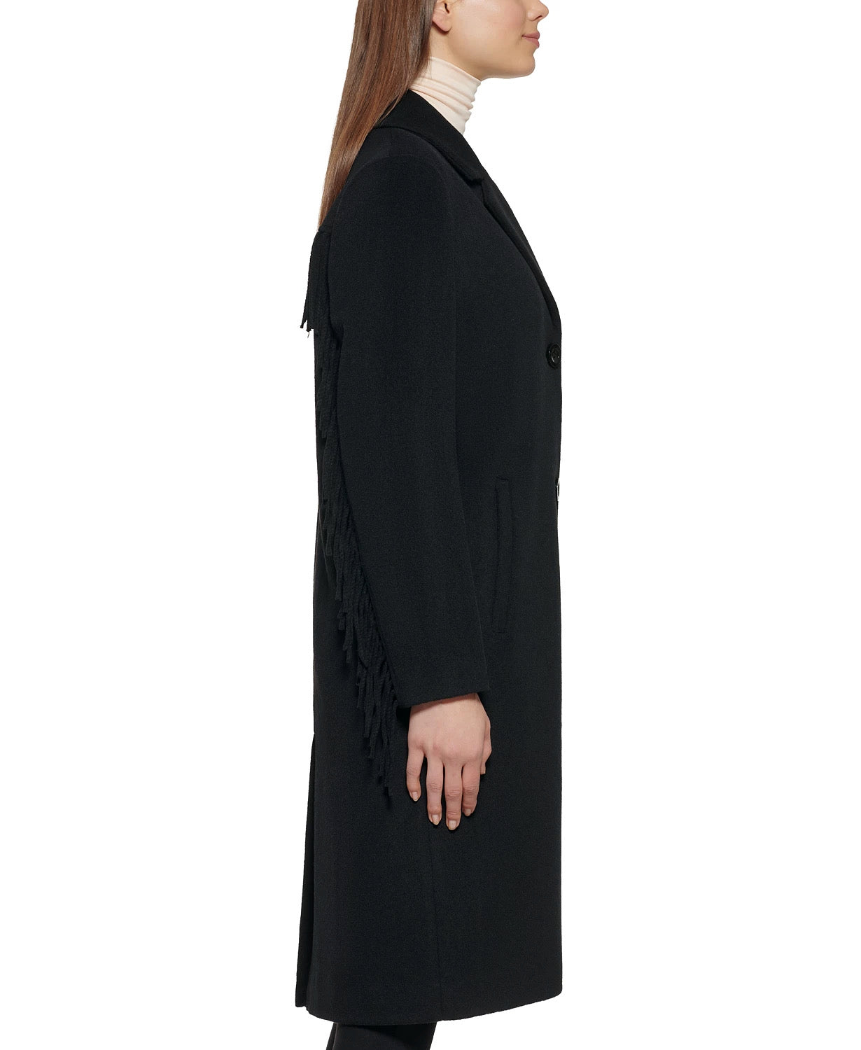 Kenneth Cole Womens Single-Breasted Fringe Walker Coat Black XL