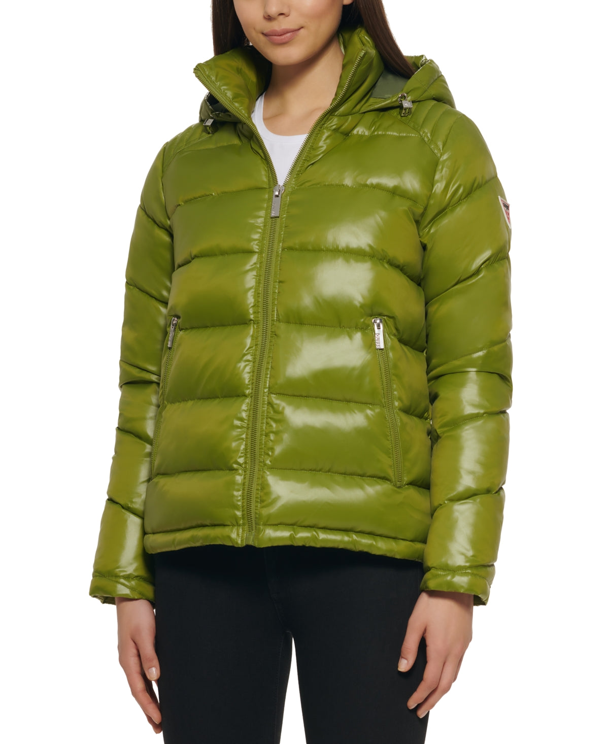 GUESS Womens Hooded Shine Puffer Coat XL Moss Green