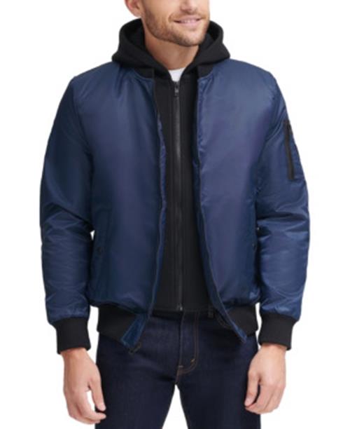 GUESS Men's Bomber Jacket with Removable Hooded Inset XL Blue