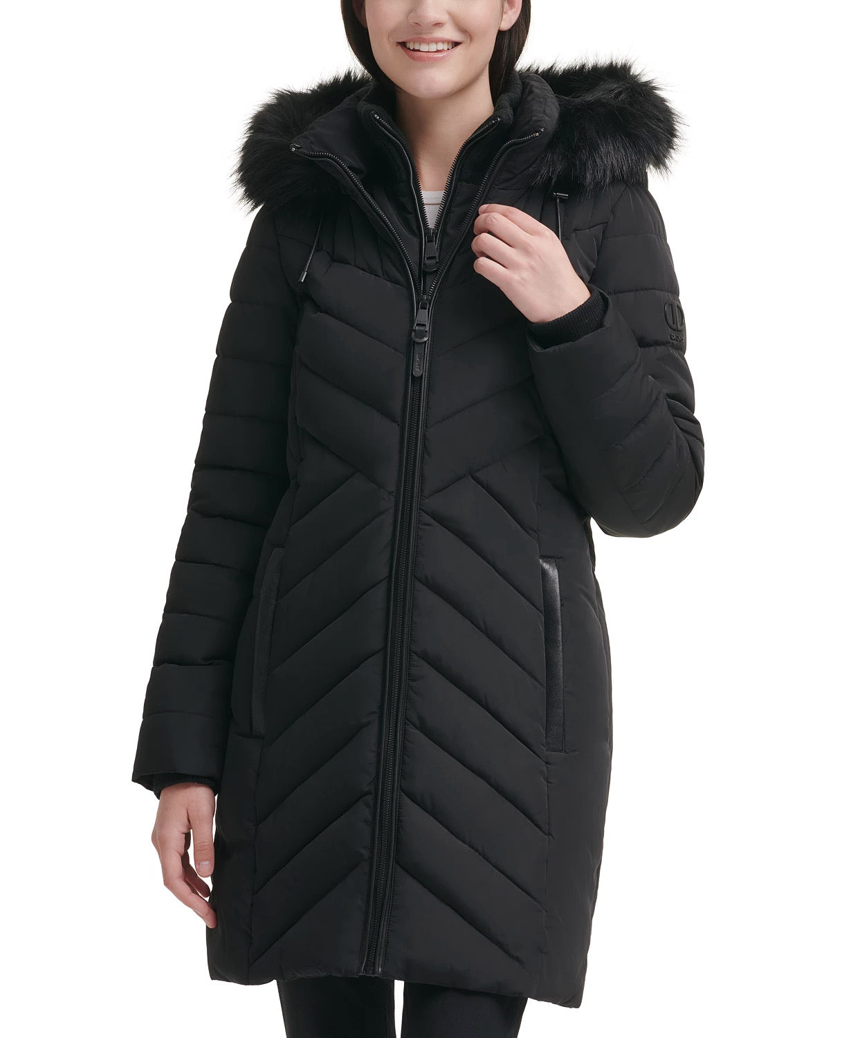 Dkny Women's Faux-Fur-Trim Hooded Puffer Coat Black XL