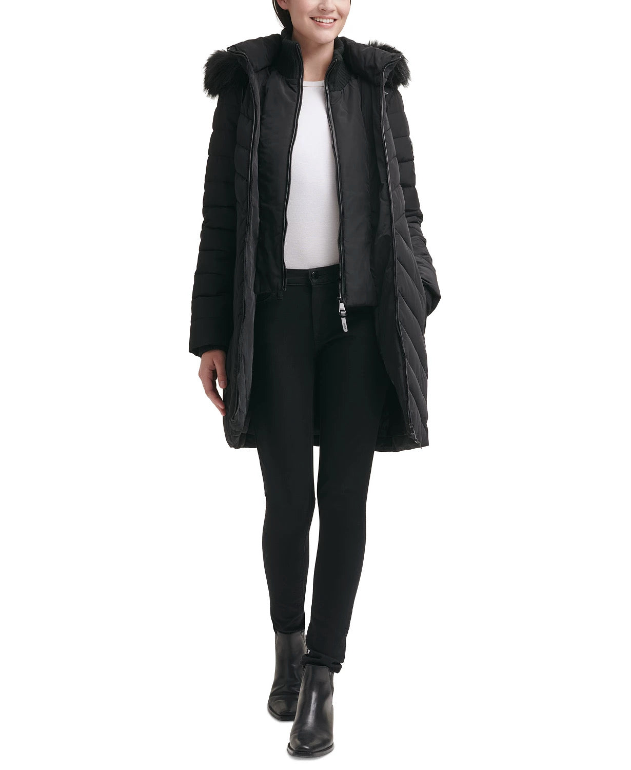 Dkny Women's Faux-Fur-Trim Hooded Puffer Coat Black XS Extra Small