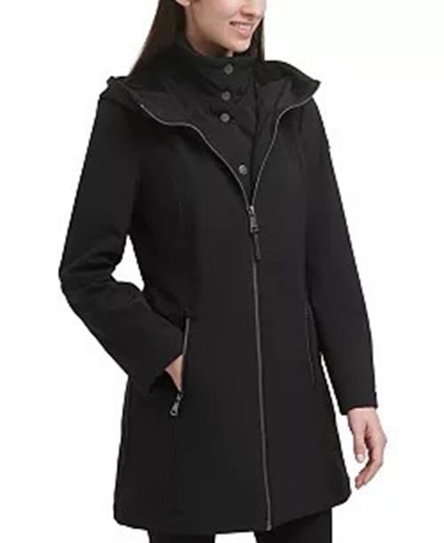 DKNY Bibbed Womens Softshell Hooded Raincoat Coat Medium Black Coat