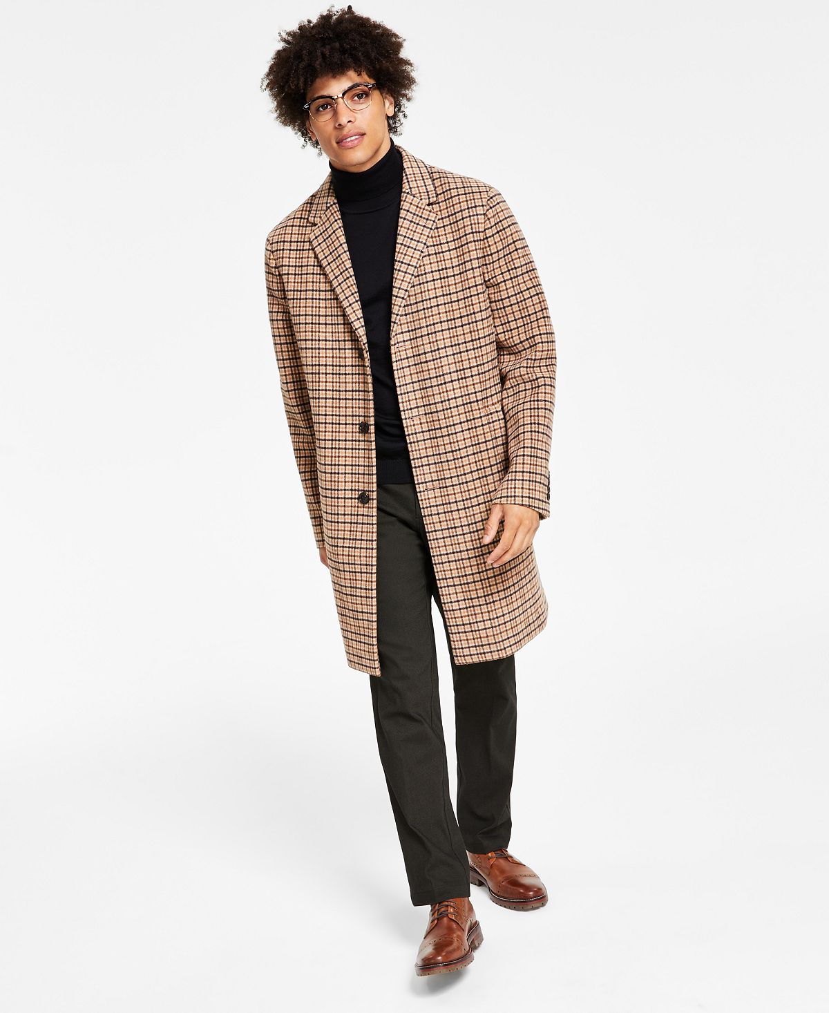 Tommy Hilfiger Mens Addison Wool-Blend Trim Fit Overcoat Coat 44R Tan Plaid