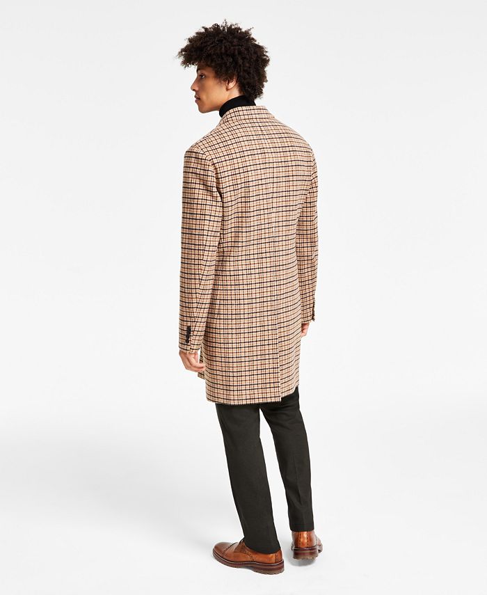 Tommy Hilfiger Mens Addison Wool-Blend Trim Fit Overcoat Coat 36S Tan Plaid