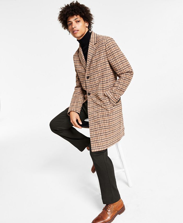 Tommy Hilfiger Mens Addison Wool-Blend Trim Fit Overcoat Coat 46R Tan Plaid