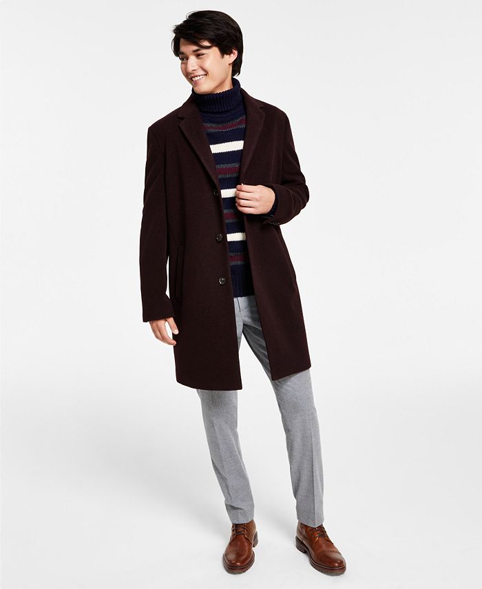 Tommy Hilfiger Mens Addison Wool-Blend Trim Fit Overcoat Coat 42R Black
