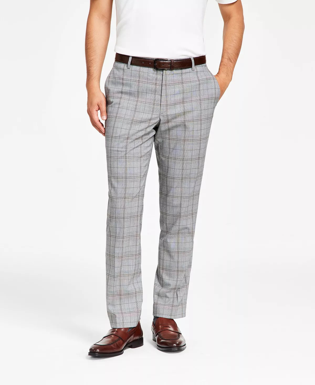 Tommy Hilfiger Men's Pants 32 x 32 Grey Brown Modern-Fit Stretch Check Plaid