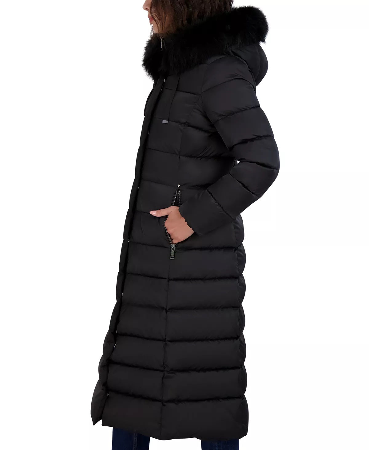 TAHARI Women's Faux-Fur-Trim Hooded Maxi Puffer Coat Black Small