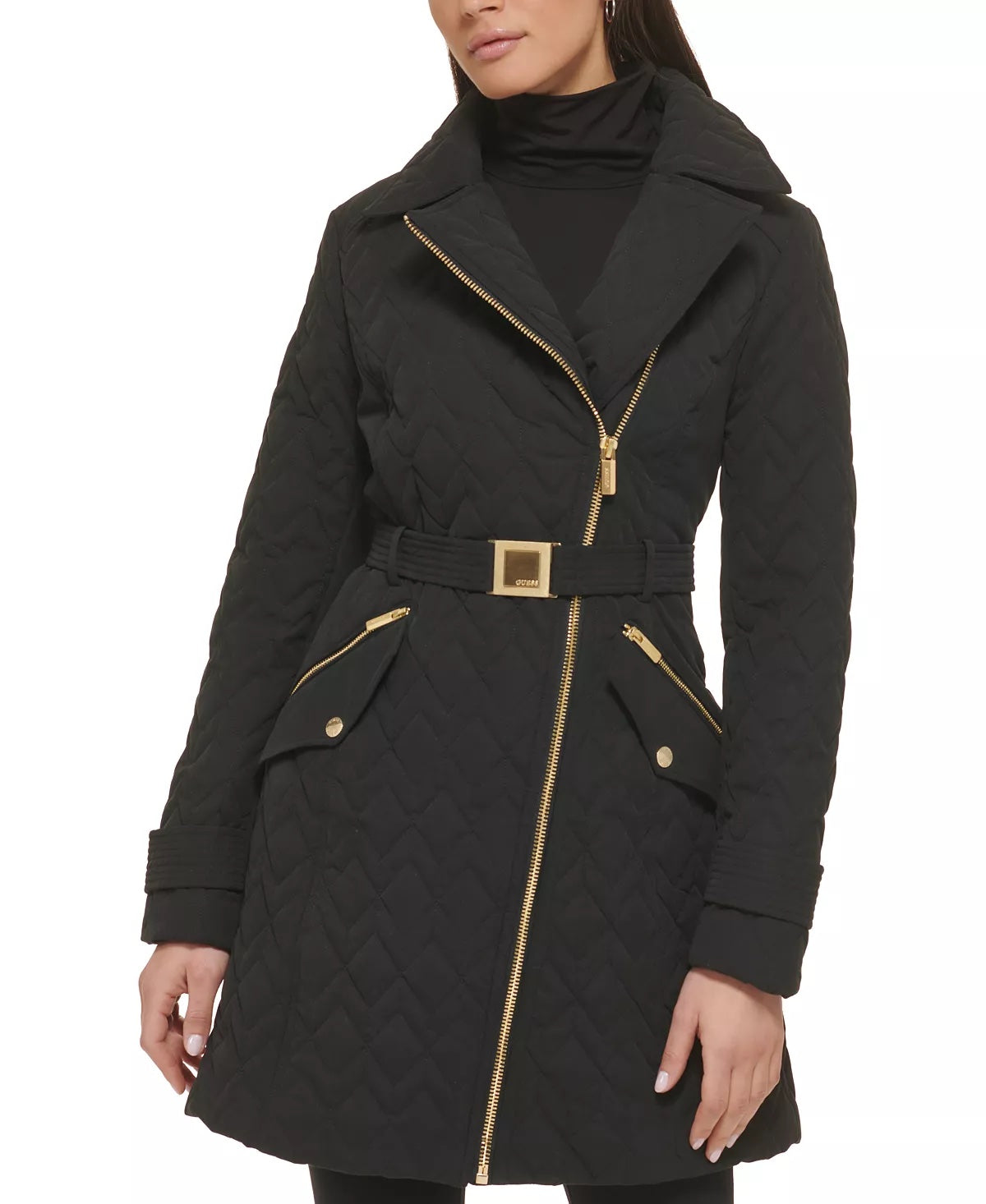 GUESS Women's Asymmetric Diamond-Quilted Coat Black XL