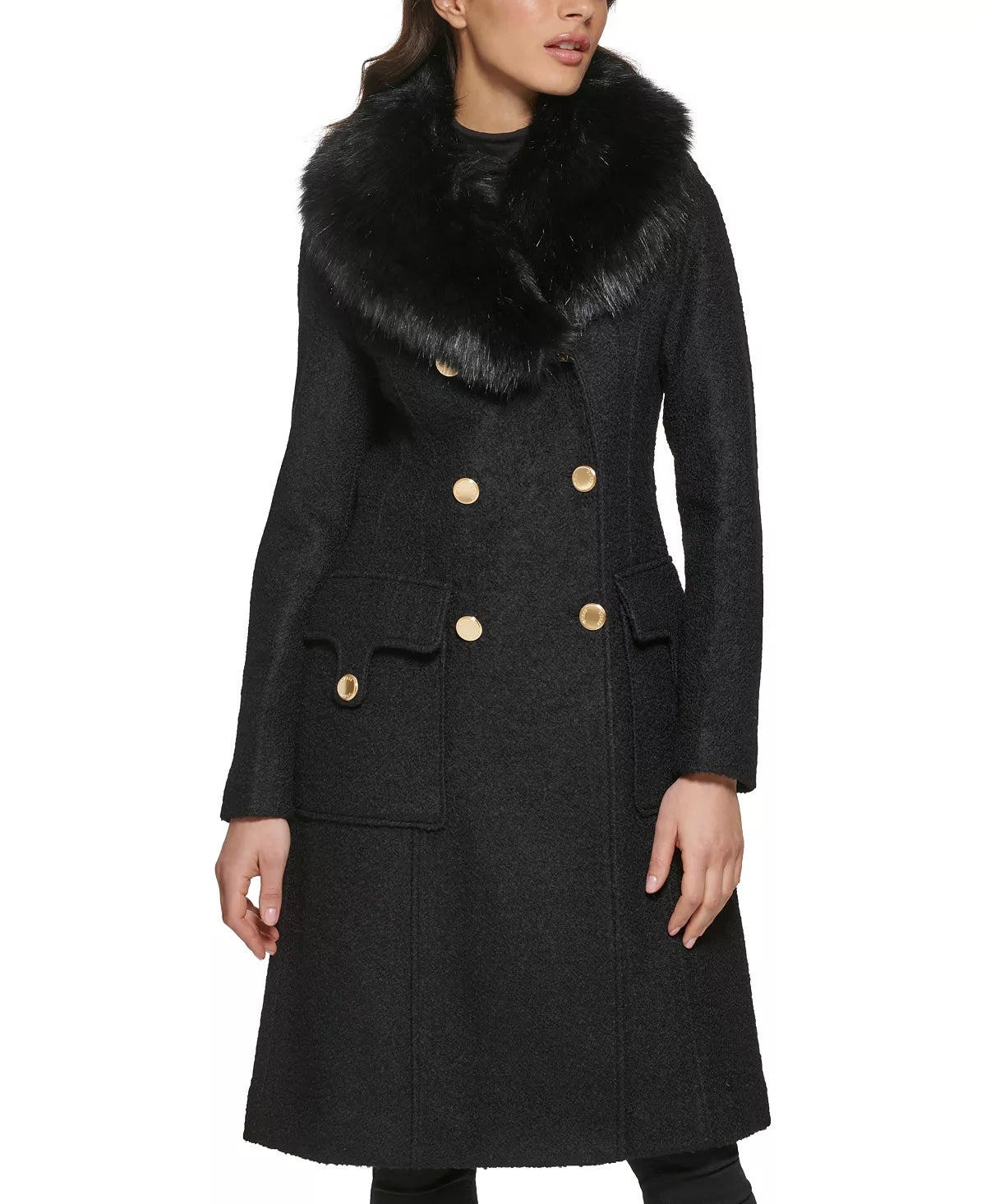 GUESS Women's Plus Size Long Double-Breasted Walker Coat 3X Black