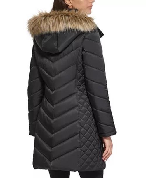 KENNETH COLE Women's Puffer Coat Black Medium Faux-Fur-Trim Hooded
