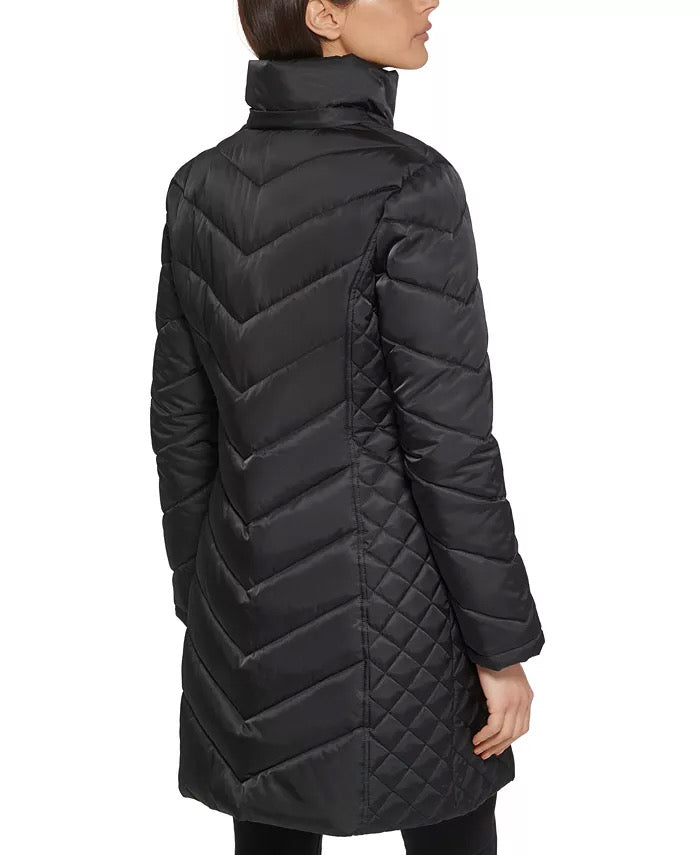 KENNETH COLE Women's Puffer Coat Black Medium Faux-Fur-Trim Hooded