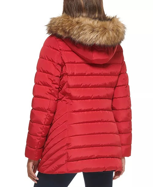 TOMMY HILFIGER Women's Faux-Fur-Trim Hooded Puffer Coat Crimson Red Medium
