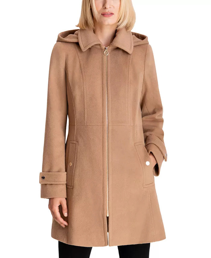MICHAEL KORS Women's Petite XL Large Hooded Notched-Collar Coat Camel Wool PXL