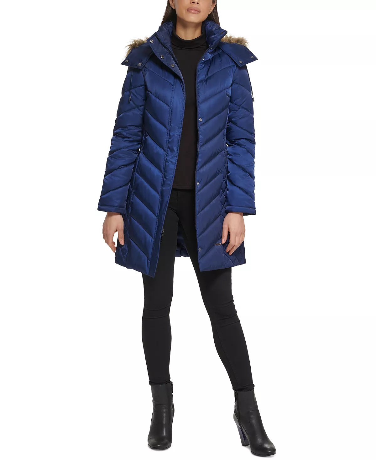 Kenneth Cole Women's Faux-Fur-Trim Hooded Puffer Coat Navy Blue Small