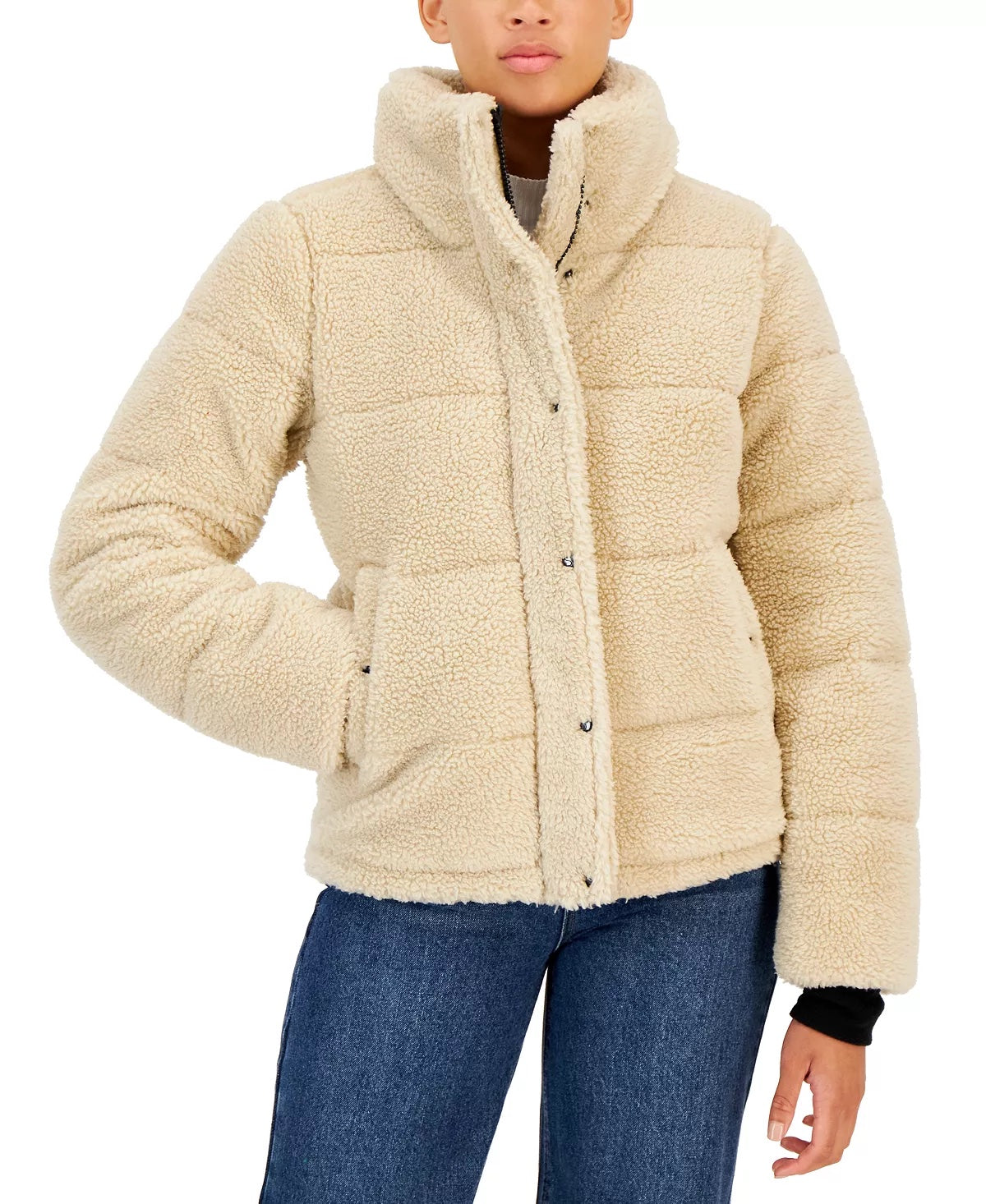 S13 Women's Lily Sherpa Stand-Collar Puffer Coat Large Beige Biscotti Tan