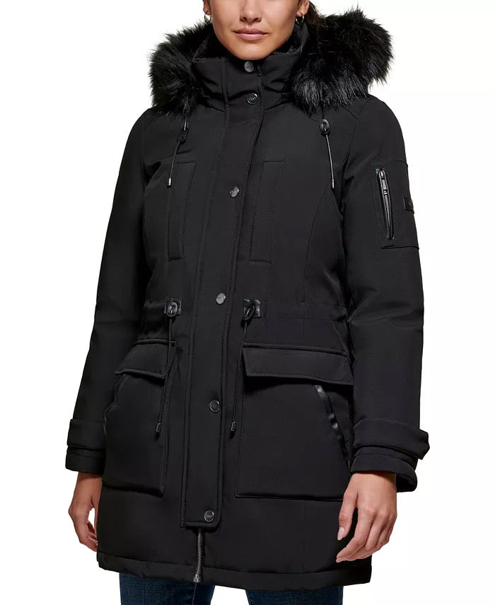 DKNY Women's Faux-Fur-Trim Hooded Parka Coat Medium Black