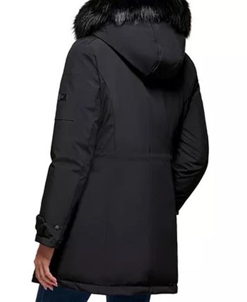 DKNY Women's Faux-Fur-Trim Hooded Parka Coat Small Black