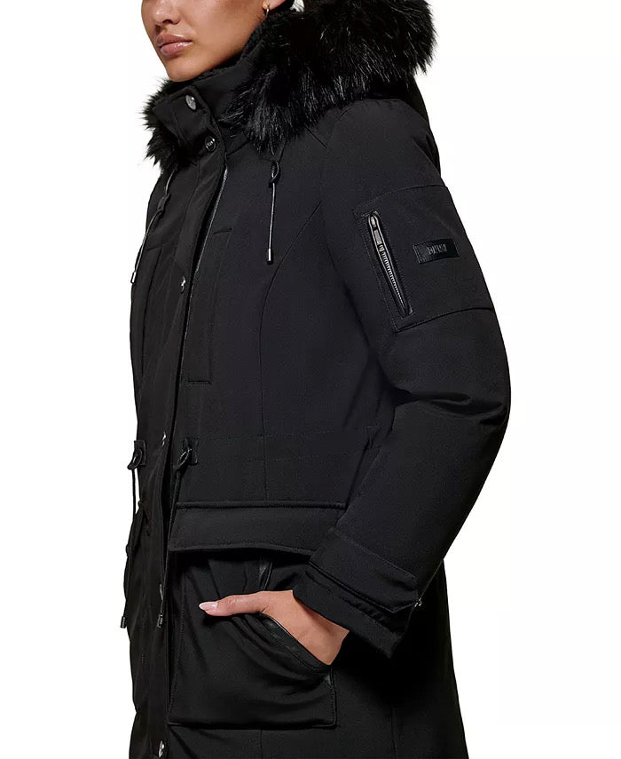DKNY Women's Faux-Fur-Trim Hooded Parka Coat Medium Black