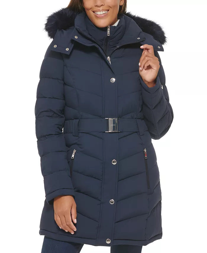 TOMMY HILFIGER Womens Faux-Fur-Trim Hooded Belted Puffer Coat Blue XXL