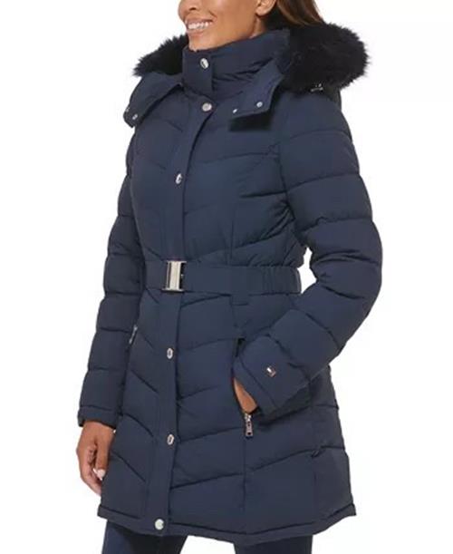 TOMMY HILFIGER Womens Faux-Fur-Trim Hooded Belted Puffer Coat Blue XXL