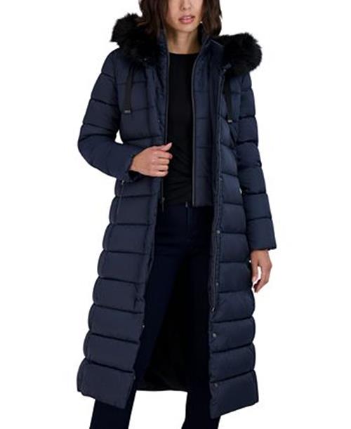 TAHARI Women's Faux-Fur-Trim Hooded Maxi Puffer Coat Medium Navy Blue