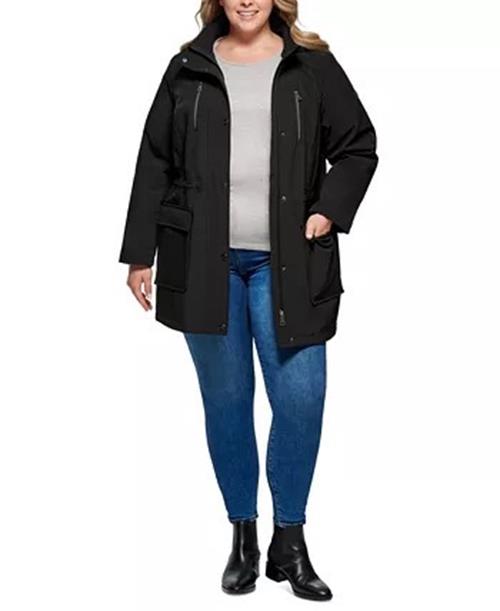 DKNY Plus Size Hooded Anorak Raincoat Black 1X Coat