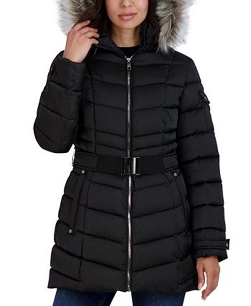 NAUTICA Women's Belted Hooded Faux-Fur-Trim Puffer Coat Small Black
