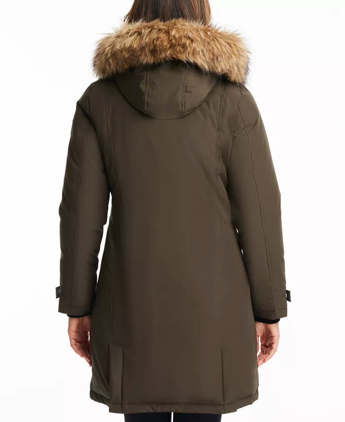 VINCE CAMUTO Women's Faux-Fur-Trim Hooded Parka Coat Small Olive Green