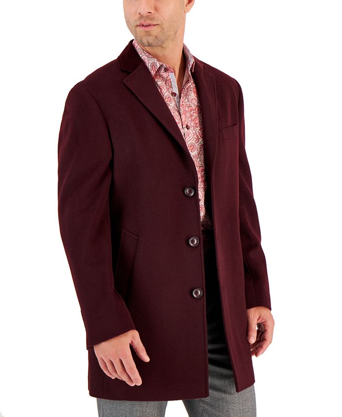 TALLIA Men's Three-Button Wool Overcoat Coat Large Burgundy Slim Fit Coat